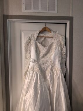 C-1 Moonlight  White Lace Satin Wedding Dress with Beaded Detail